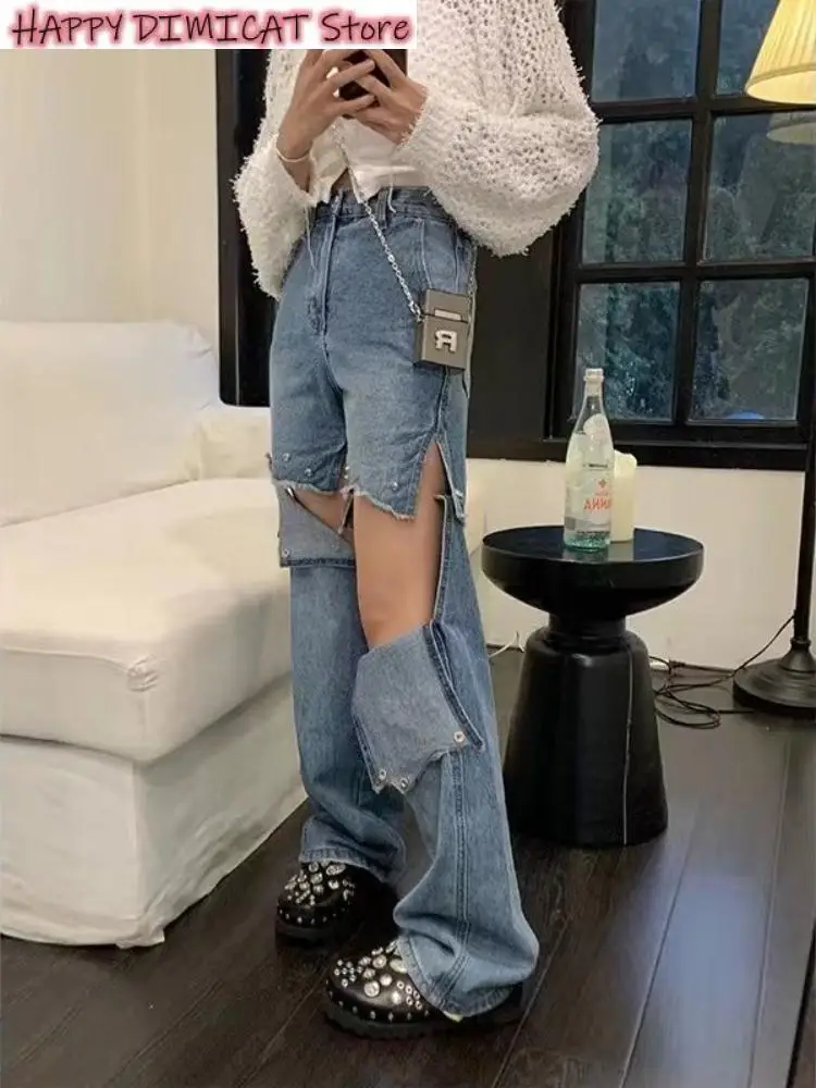 

Women Denim Pants Ripped Panel Jeans Niche Detachable Two-Wear Stitching Ripped High-Waisted Jeans Vintage Straight-Leg Mopping