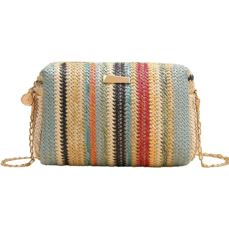 

Women's straw tote bag, rainbow striped casual beach shoulder bag, summer vacation straw crossbody bag