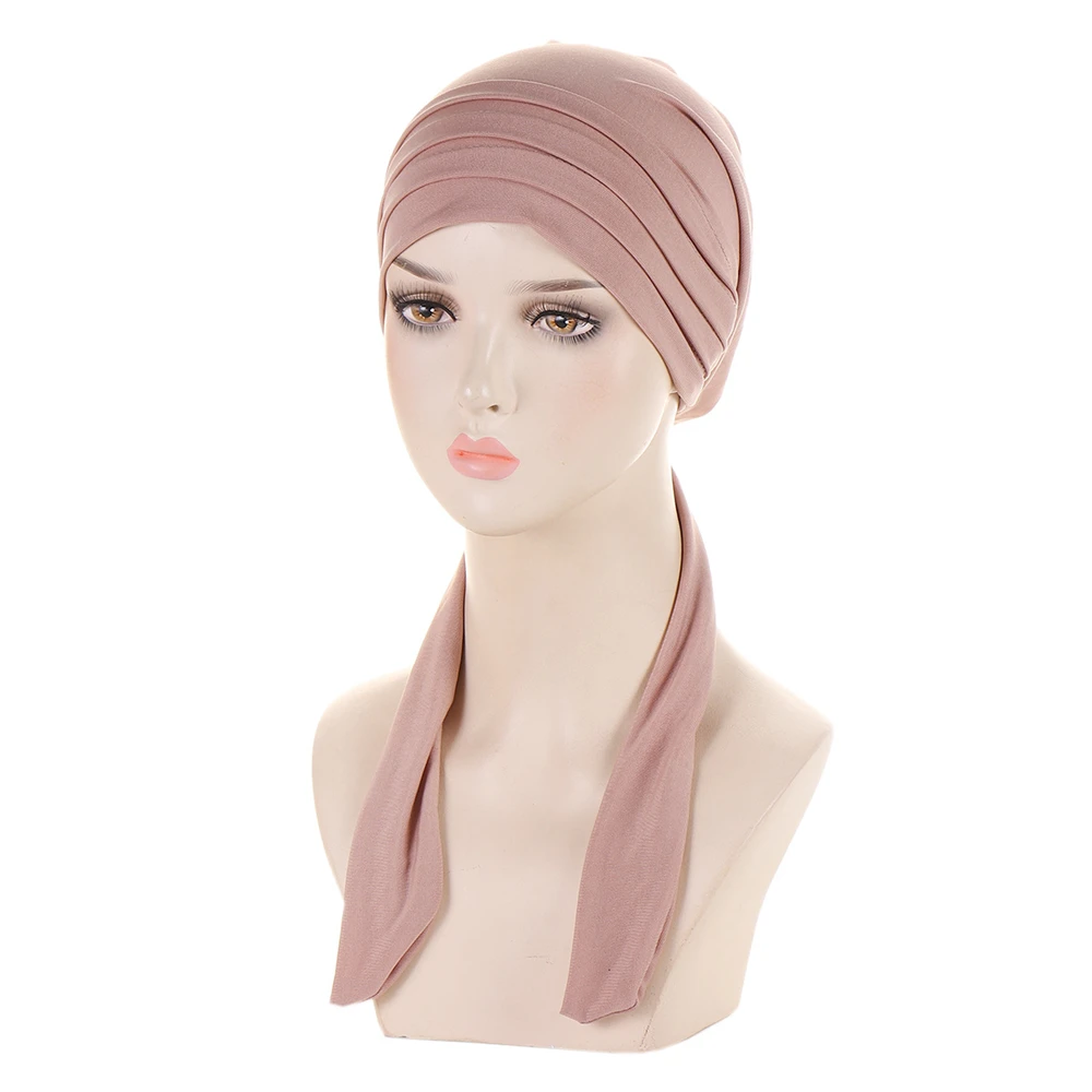 Muslim Women Stretch Solid Wrinkle Turban Hat Cancer Chemo Beanies Caps Pre-Tied Scarf Headwear Headwrap Plated Hair Accessories