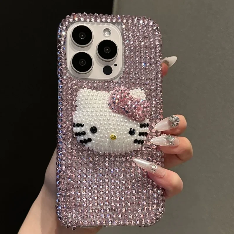 Kawaii Hello Kitty Cartoon DIY Phone Case Suitable for IPhone 15 1413 16 ProMax Y2k Flash Diamond All Inclusive Transparent Case