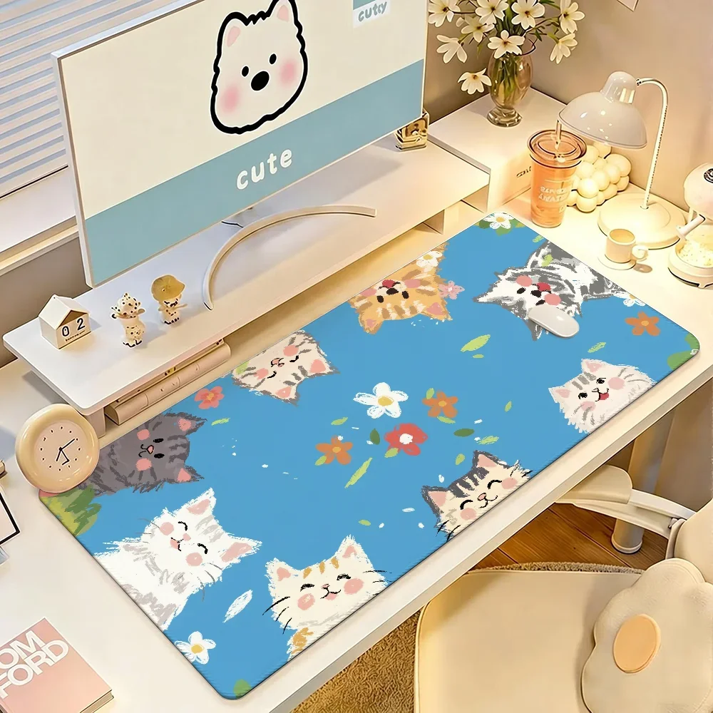 Cute Cat Mouse Pad Large Non-Slip Waterproof Mat Stitched Edge Keyboard Pad for Gaming Daily Office
