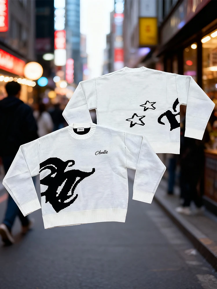 

Harajuku-Style Streetwear Hip-Hop Knit Crewneck Pullover Sweater Gothic Vintage Jacquard Thermal Top for Men & Women Y2K Fashion