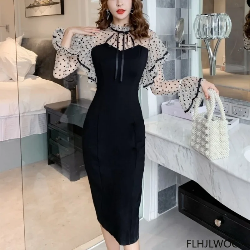 Französisch Design Bleistift Knielangen Bleistift Kleider Neue Mode Elegante Frau Romantische Rüschen Patchwork Flare Hülse Hemd Kleid