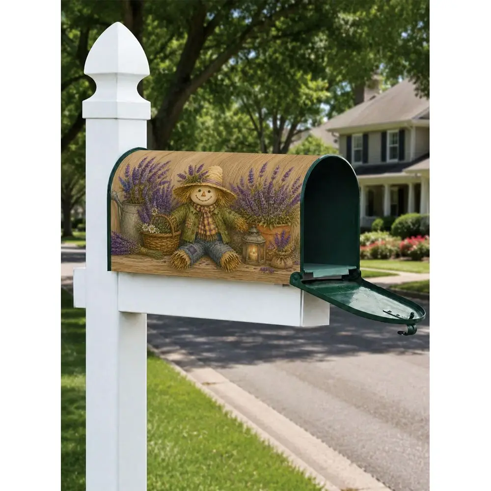 2D Flat Design Scarecrow And Lavender Pattern Mailbox Cover For Garden Cottagecore Rustic Decor Fall Season Gift For Home
