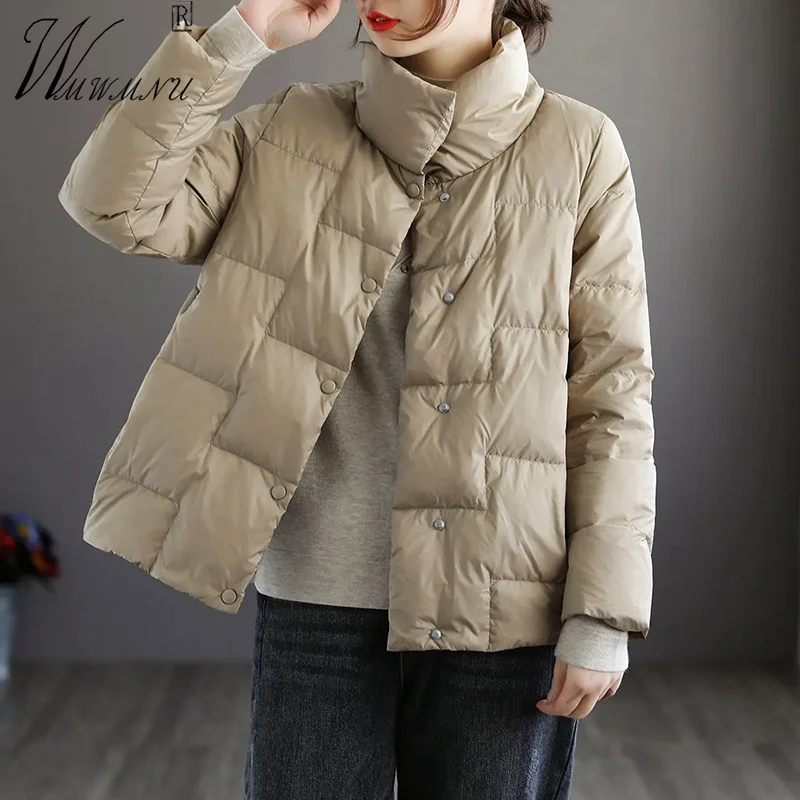 Caqui curto pato branco para baixo jaquetas mulheres coreano moda gola casaco de inverno ultraleve single-breasted reta neve parka