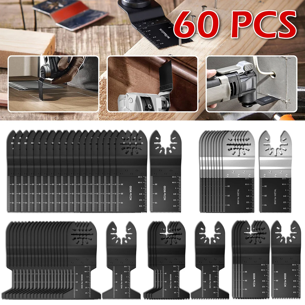

60Pcs Multitool Blades High Carbon Steel Mix Oscillating Saw Blades Quick Release Cutting Blades for Soft Metal Wood Plastic