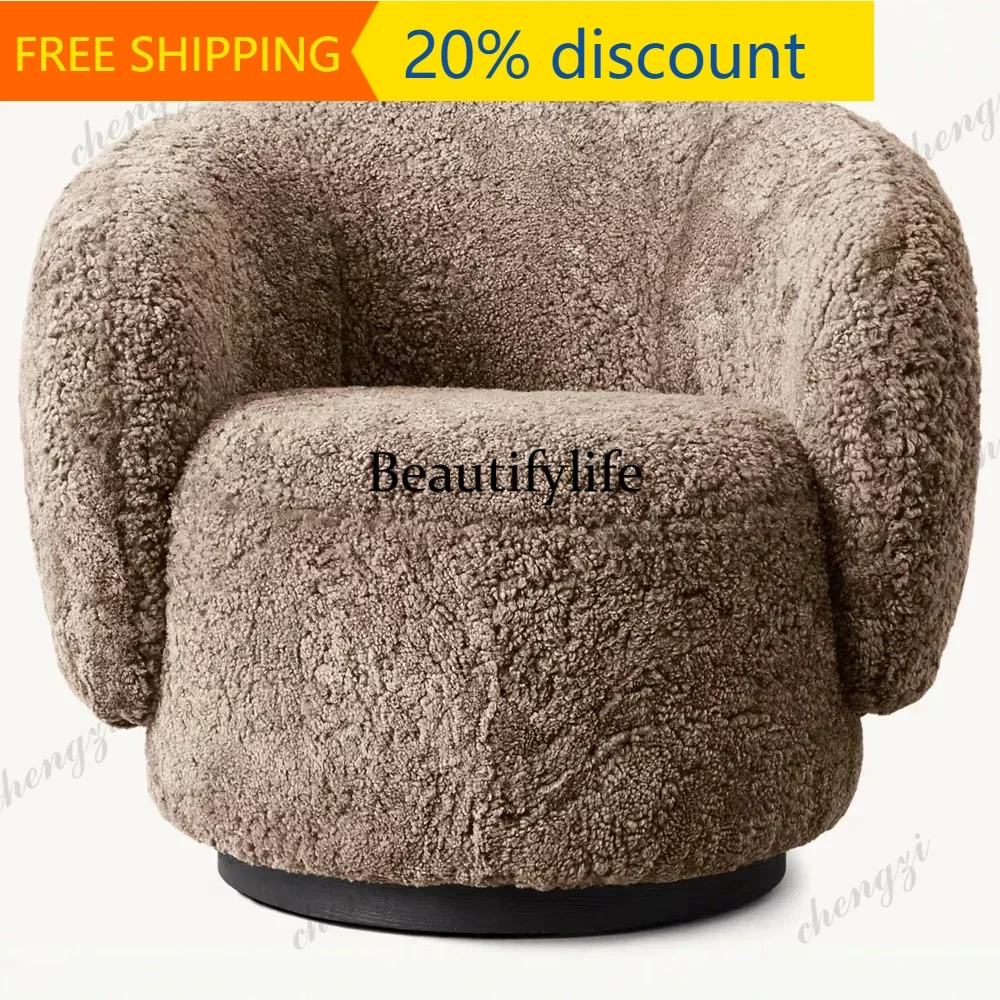 132 Retro lamb fur rotating leisure chair with thickened leather fabric, hotel apartment, internet famous single rotating armcha