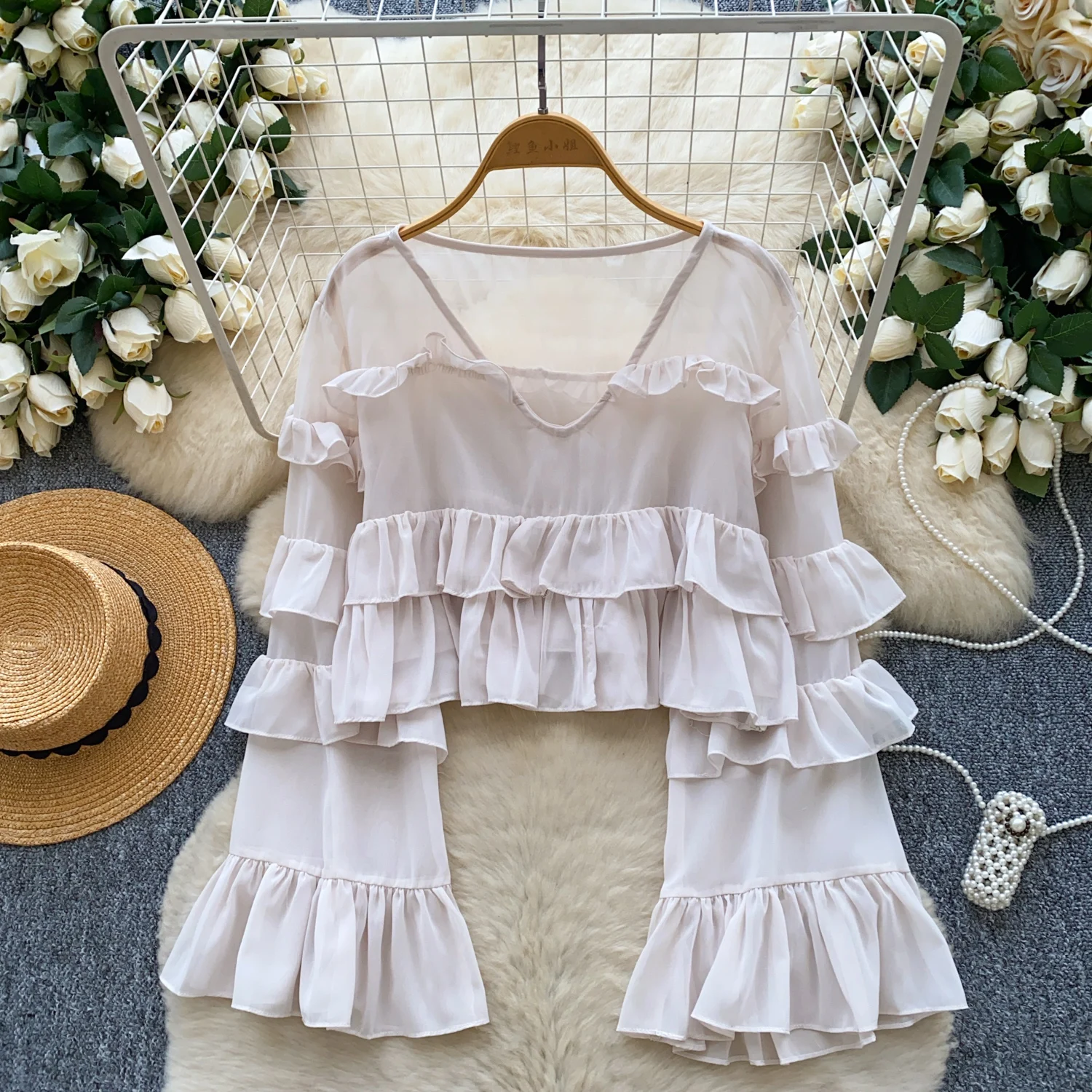 

Элегантный сексуальный топ с расклешенными рукавами и рюшами, женский корейский модный топ, милая уличная осенняя одежда