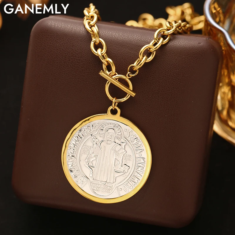 

GANEMLY 316L Stainless Steel Vintage Large Circle Pendant Necklace Exaggerated Collar Neck Chain Waterproof Jewelry for Women