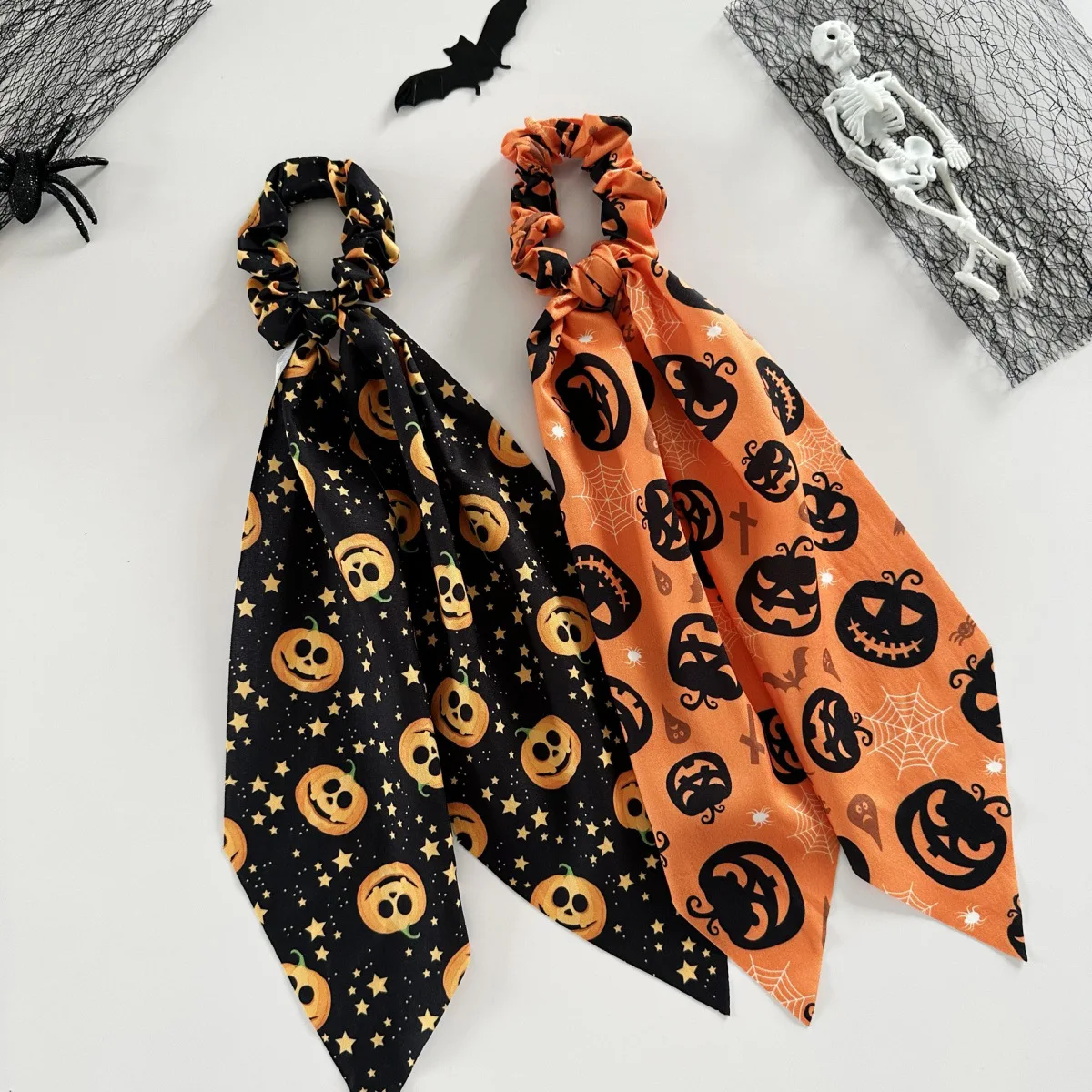 Halloween printed scarf, tight pants, pumpkin bat, spider web pattern, bow, women's long ribbon, holiday hair accessory view 3