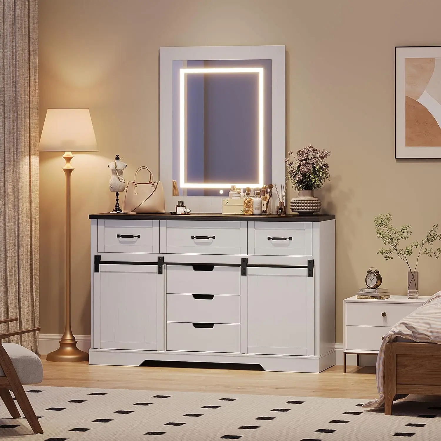 47 Inch Farmhouse Dresser With Mirror 6 Drawers Large Storage Buffet Sideboard Kitchen Dining Room Cabinet Home Furniture