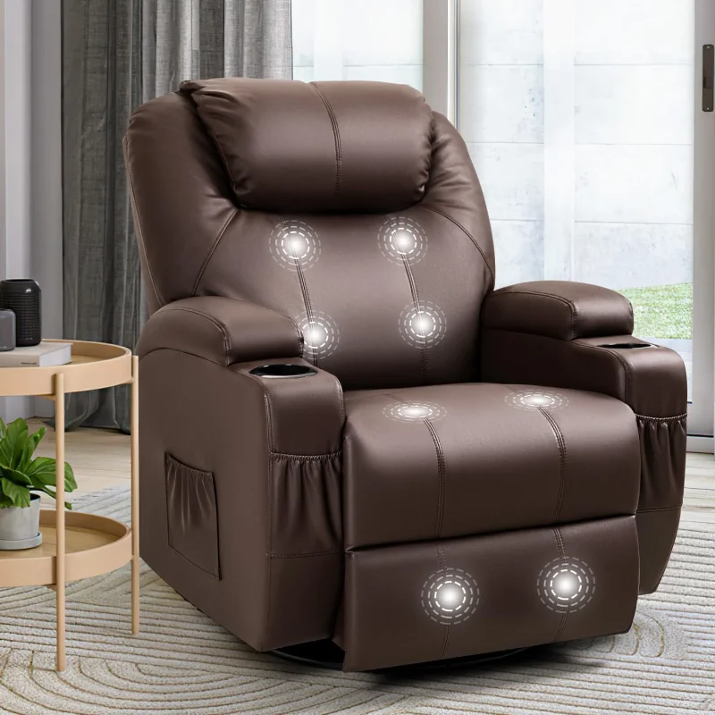 Rocker Recliner Chair with Massage for Elderly, Leather Adjustable 360°Swivel Rocking Sofa for Living Room with Remote Control