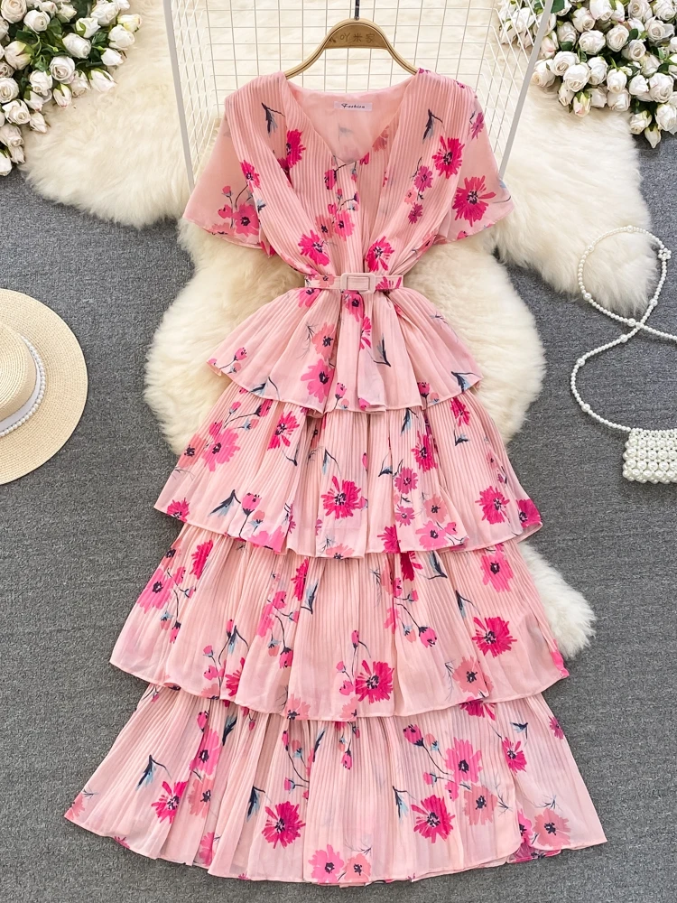 Vestido Longo de Verão com Manga Curta, Decote em V, Saia em Camadas Floral, Estilo Coreano, Alta Cintura, Psado, para Fér...