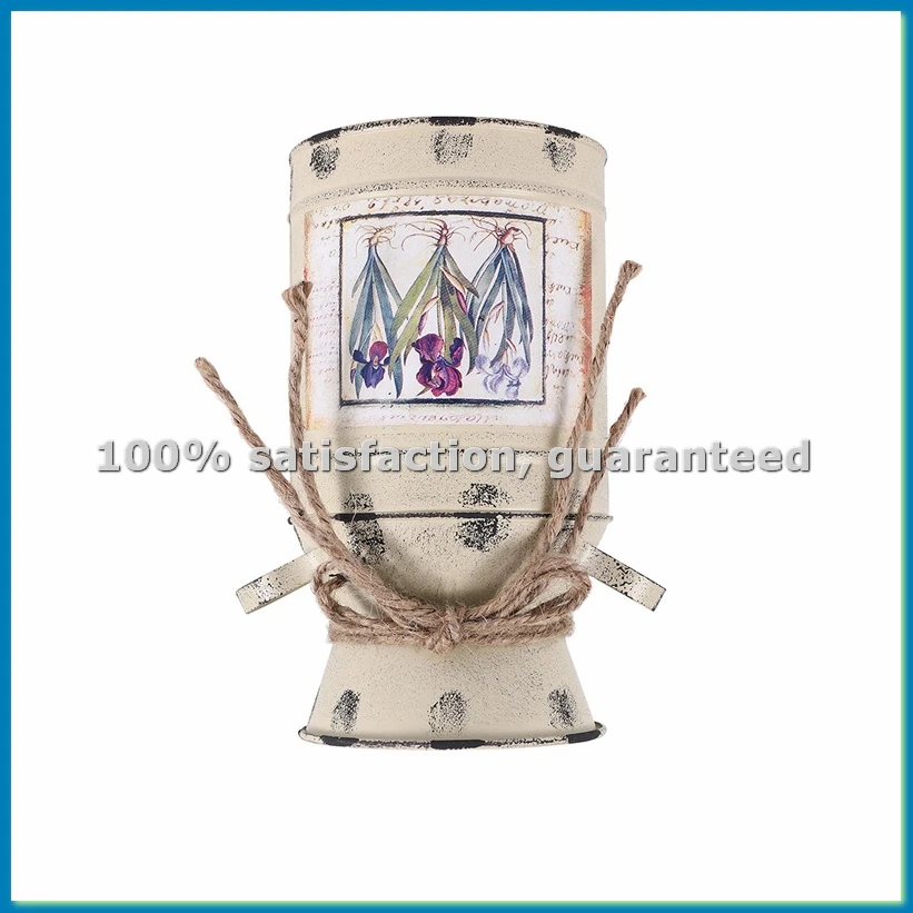 Shabby Table Gift Arrangement Craft Home Decoration Vintage Pots Iron Bucket Wedding Flower Vase Rural Style -Beige-A07G