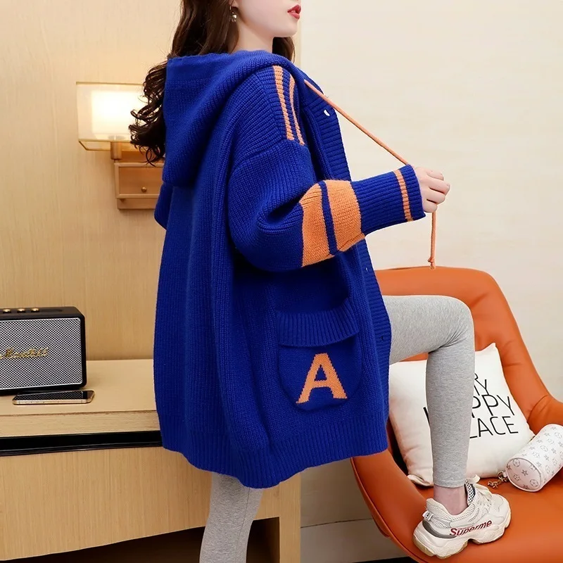 #4011 Blue Red Beige Hooded Cardigan Sweater Coat Women Loose Harajuku Streetwear Cardigan Long Knitwear Coat Female Thick Warm