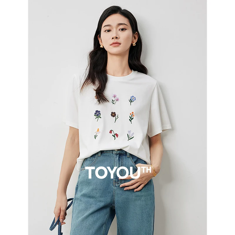 TOYOUTH Women T-shirt 2024 Summer New Flower Embrodiery Pearl Sorona Short Sleeve Round Neck Casual White Tops