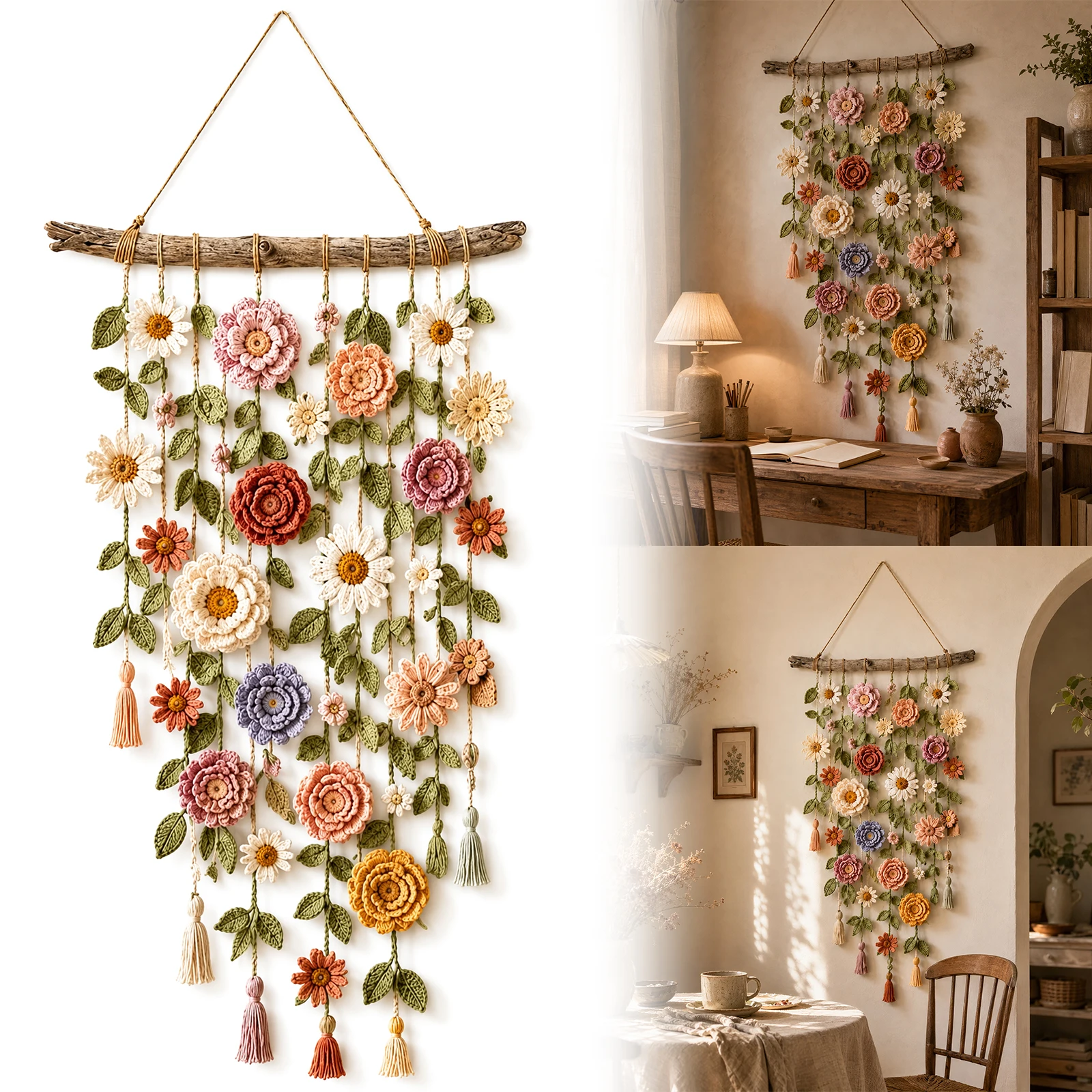 Boho Statement Decor 31.5x19.69x0.79 Inch Soft Artisan Wall Piece Cascading Flower Bohemian Garden Decor for Bedroom