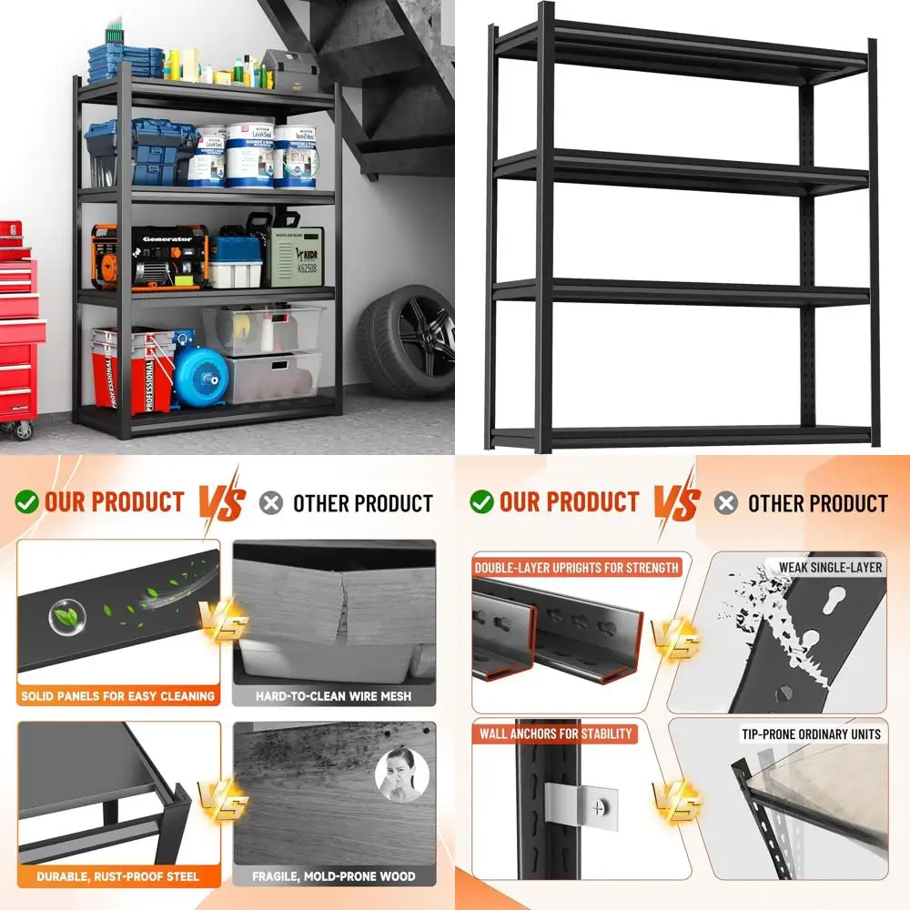 

Прочная 4-ярусная регулируемая стеллажная система для гаража, 55x35x16 дюймов, идеально подходит для хранения в мастерских, на кухнях и в подвалах.