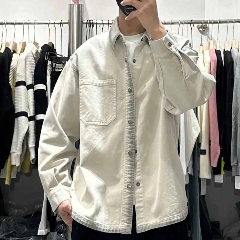 

Spring New Men's Dyed Vintage Loose Collar Denim irt Japanese Retro Workwear Jaet Trendy Breathable Long Sve Princ ...