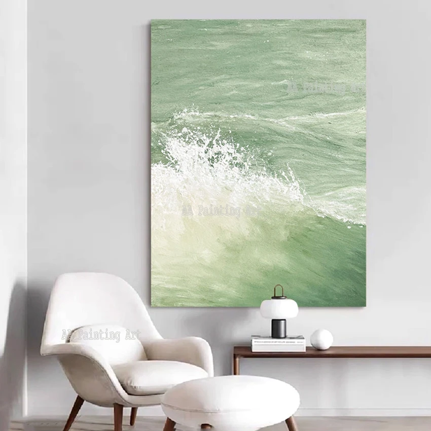 Simple Green Acrylic Design Art, Pure Handmade Wall Decor, Sea Wave Painting, Unframed Canvas Artwork, Home Decoration, as Gift