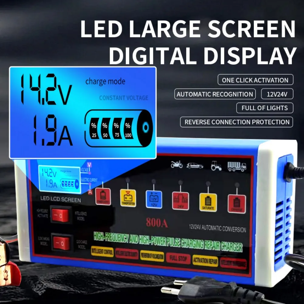 

Автомобильное зарядное устройство 12 В 24 В, 220 В, импульсное зарядное устройство для ремонта влажных и сухих кислотных аккумуляторов с интеллектуальной технологией зарядки