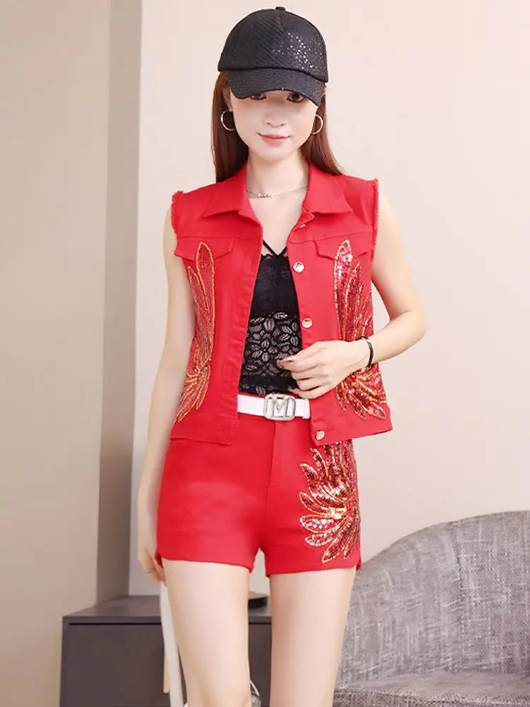 

Fashionable Embroidered Sequin Elastic Denim Vest Shorts Set Women's Korean Style Summer Autumn Winter Casual Outfit Two-Piec...