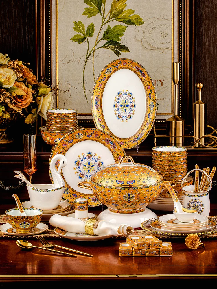 

Light Luxury Bowl and Dish Set Household Chinese Court Bowl Golden Trim Bone China Cutlery Bowl and Plates Combination Hotel