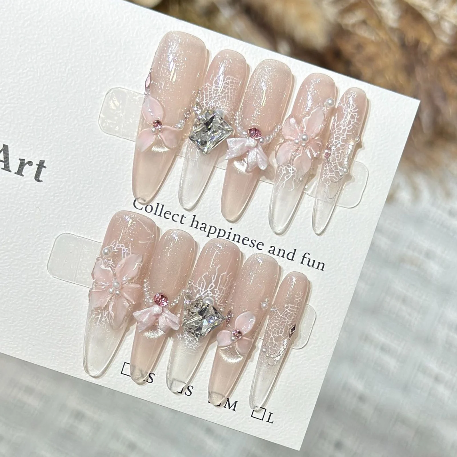 10pcs 3D Pink Floral Press On Nails Glitter French Style False Nails with Butterfly Bowknot Rhinestone Pearls DIY Elegant Nails - view 3