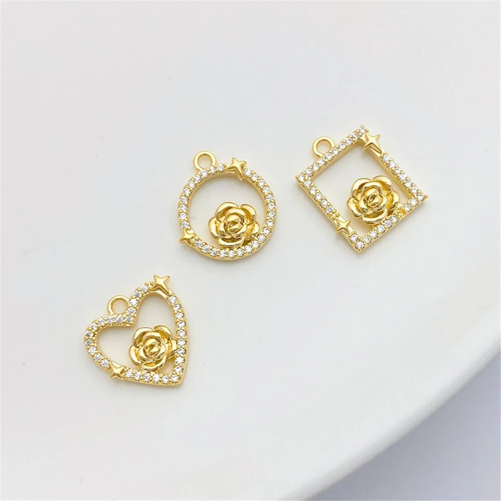

14K Gold-plated Zircon Geometric Circular Heart-shaped Square Frame Rose Pendant DIY Bracelet Ear Jewelry Accessories L452