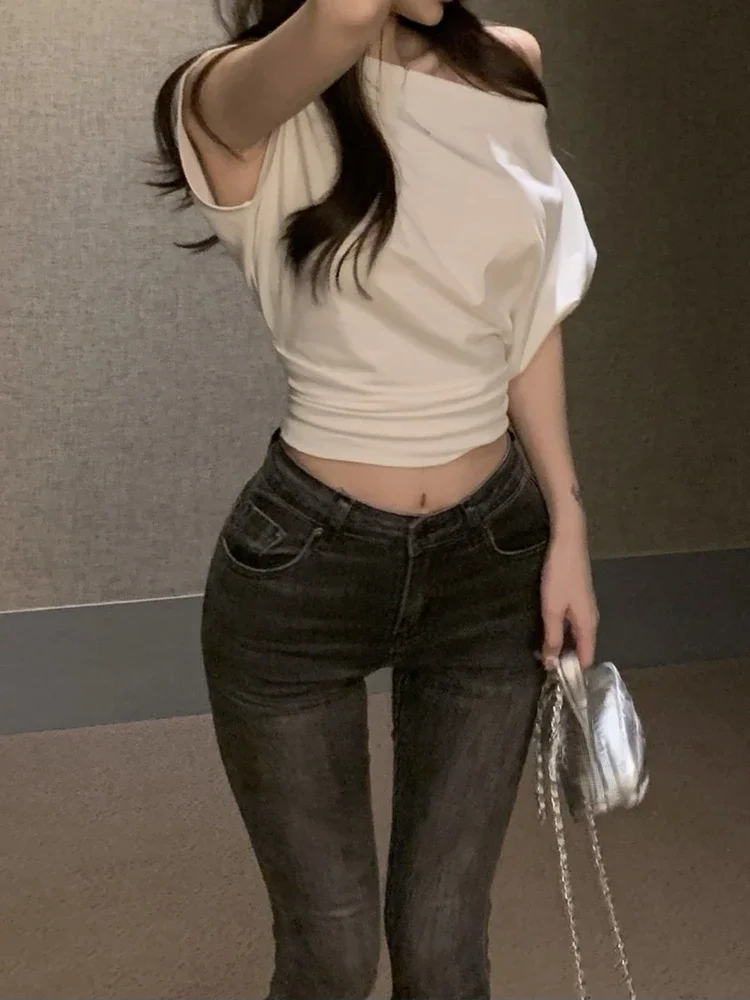 Skinny Sexy White Y2k Crop Top Women Off Shoulder Spring T-shirt Korean Style Black Blouse Tees 2024 Summer Fashion Clothing