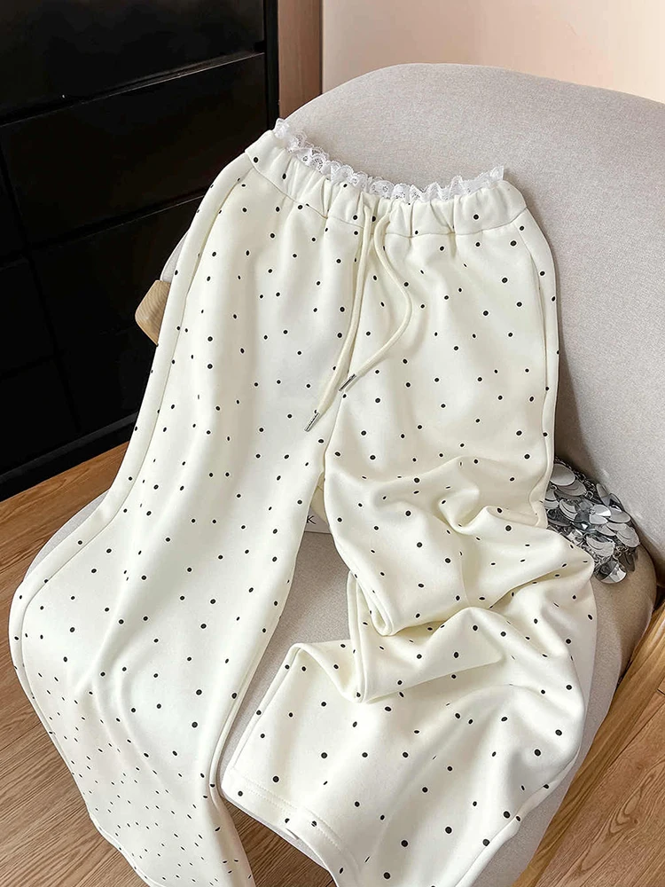

2025 Spring Autumn New Wide Leg Pants Korean Lace Splicing Drawstring Loose Trouser Women's Beige Polka Dot Elastic Waist Pants