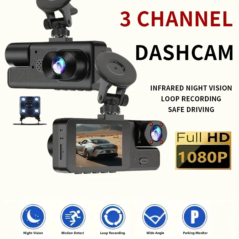 

1080P HD 3Lens Dash Cam with Night Vision Mobile Connection Front Interior Rear View Multi-Lens Vehicle Camera for Any Car Model