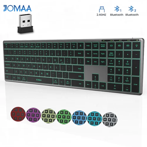 Teclado Bluetooth retroiluminado, teclado inalámbrico multidispositivo de tamaño completo con teclado numérico, teclado Multimedia delgado recargable
