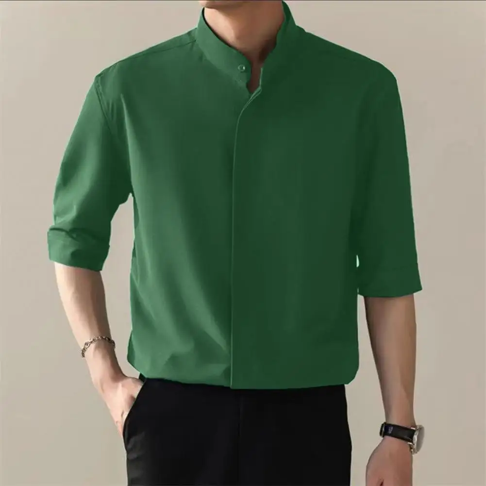 

Men Solid Color Shirt Elegant Stand Collar Men's Business Shirt with Half Sleeves Solid Color Slim Fit Cardigan for Office