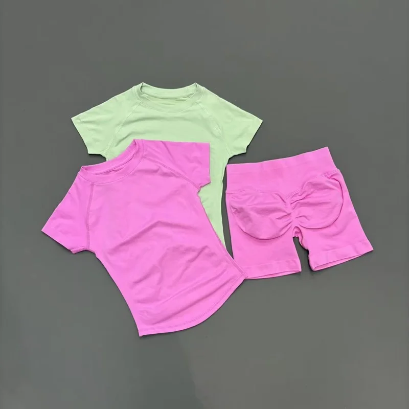 2 Piece HISTELLO Df Solid Color Sports Gym Set Seamless Yoga Short Sleeve Women Fitness Clothing Workout Sports Leggings Suit