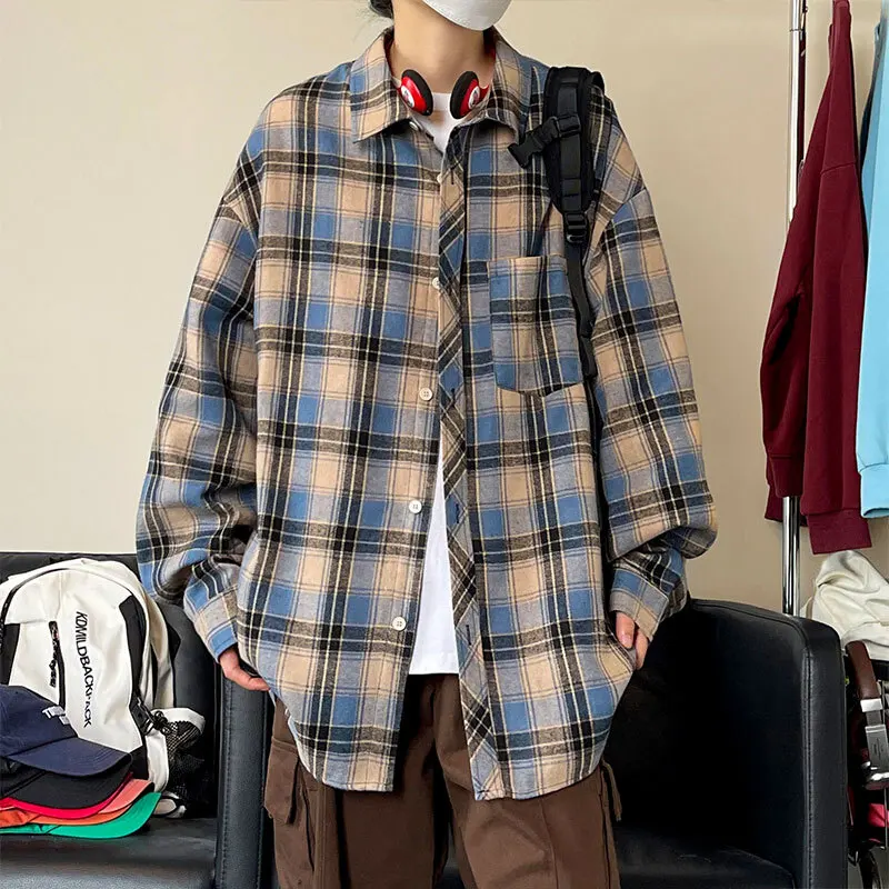 

Long Sleeved Shirt Men Oversize Retro Plaid Shirt Men Japanese Streetwear Loose Casual Shirt Mens Vintage Shirts Plus Size 5XL