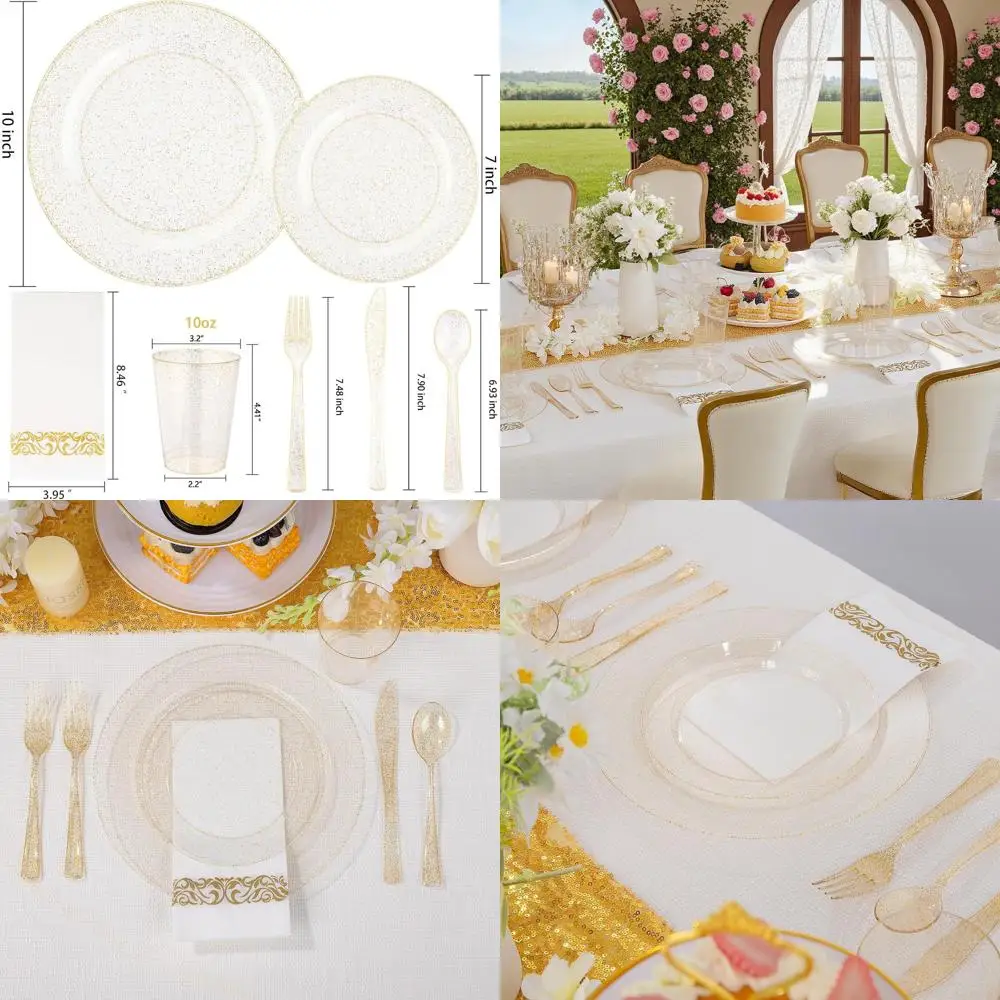 

Набор из 400 одноразовых столовых приборов с золотым блеском: 50 тарелок, 50 десертных тарелок, 100 вилок, 50 ножей, ложок, 50 чашек и подвесок.