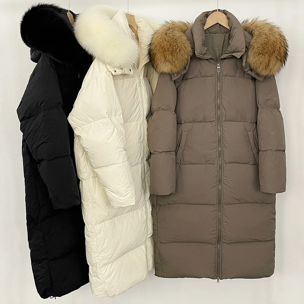 

Fox Fur Collar Down Jacket For Women Winter Fashion Long Puff Coat Korean Casual Simple High Street Female Thicken Overcoat