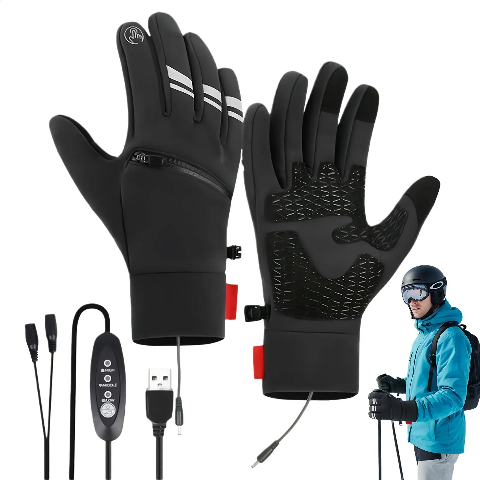 USB Rechargeable Heated Gloves 3 Heat Settings Waterproof Winter Mittens for Hunting Camping Motorcycle Outdoor Work Sports Golf
