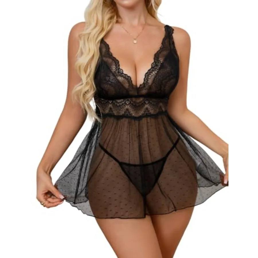 

Garmol Women Lace Babydoll Lingerie Sets Polka Dots Deep V Neck Dobby Mesh Nightgown