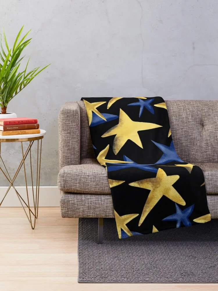 Yellow And Blue Scattered Stars Festival Pattern On Black Throw Blanket Sleeping Bag For Decorative Sofa Blankets