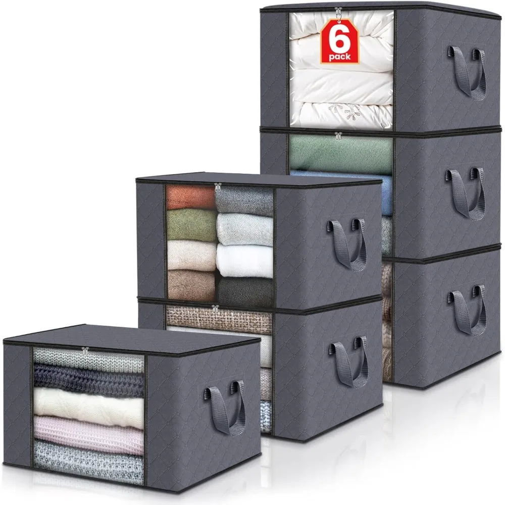 6 Pack Clothes Storage, Foldable Blanket Storage Bags, Storage Containers for Organizing Bedroom, Closet, Clothing, Comforter