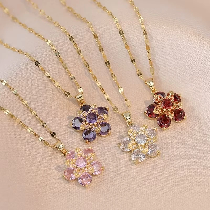

Light Luxury Spin Zircon Flower Pendant Necklace for Women Gold Color Quality High Sense Chain Necklaces Party Jewelry Gifts