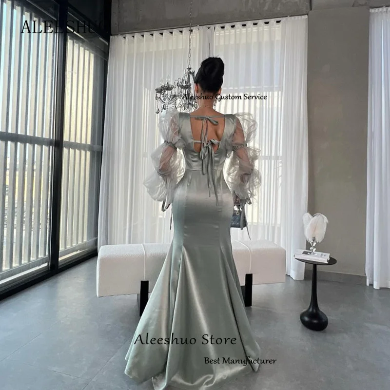 Aleeshuo Modern Satin Mermaid Prom Dress Pleaed Long Sleeves Sexy Square Collor Evening Dress Sexy Open Back 2025 Customized