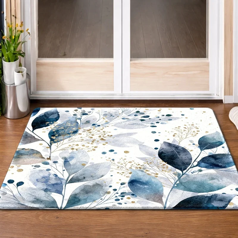 Watercolor Blue Botanical Leaf Pattern Runner Rug Indoor Area Mat Decoration for Home Decor Bathroom Gold Accent