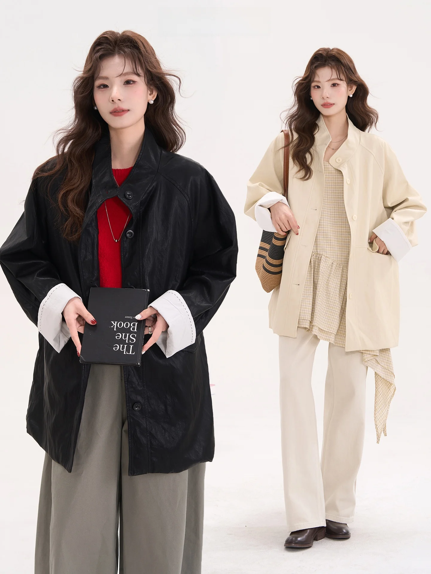 Manteau mi-long en cuir PU pour femme, coupe ample, couleur exceptionnelle, collection Printemps