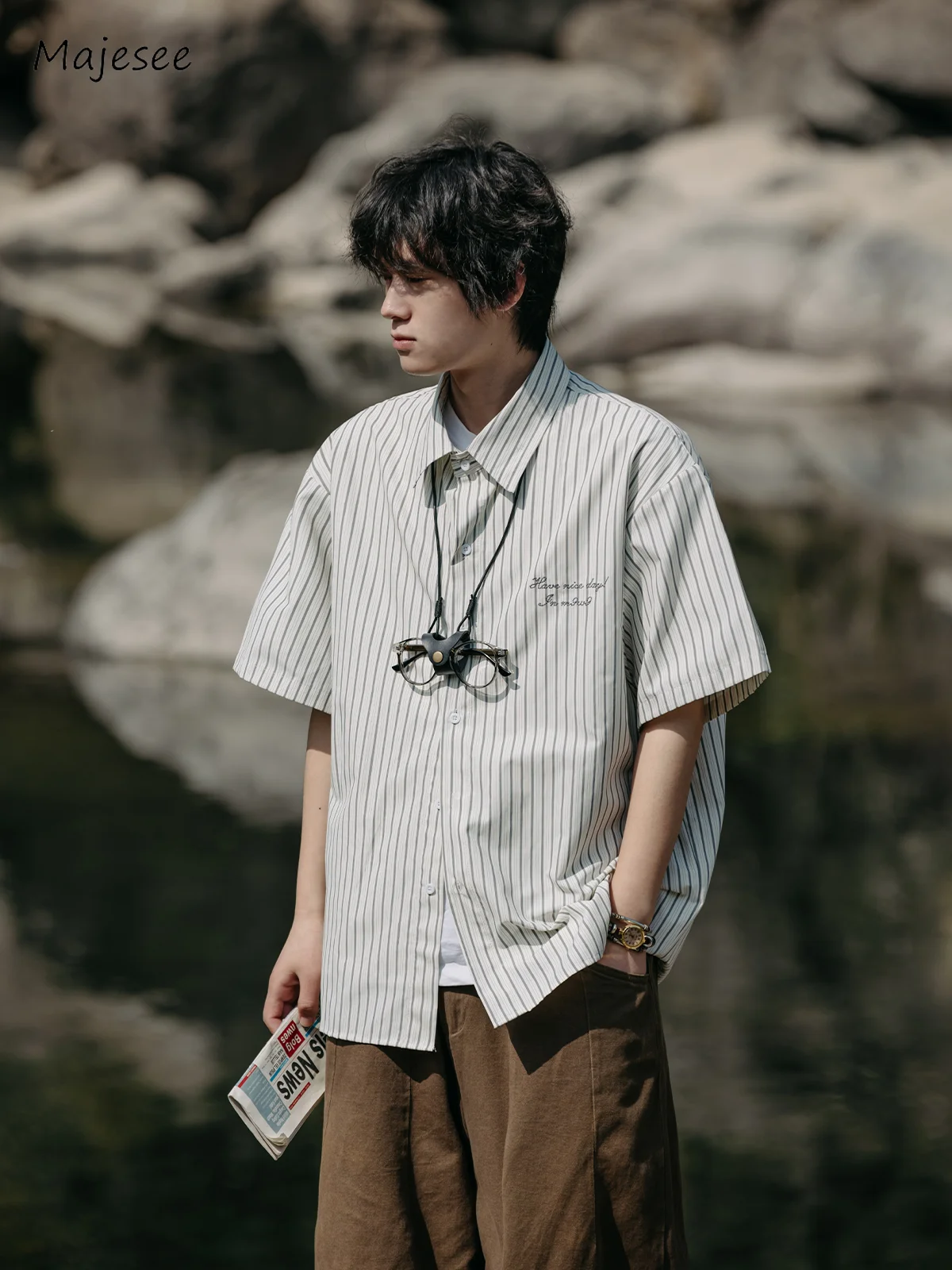 

Summer Shirts Men Basic Daily Cozy Turn-down Collar Design Striped Unisex Teens Clothing Fashion Ulzzang Casual Males Tops New