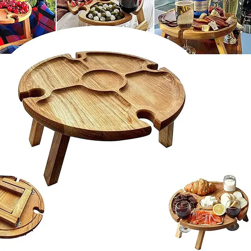 Wooden Outdoor Folding Picnic Table With Glass Holder Round Foldable Desk Wine Glass Rack Collapsible Table for Garden Party