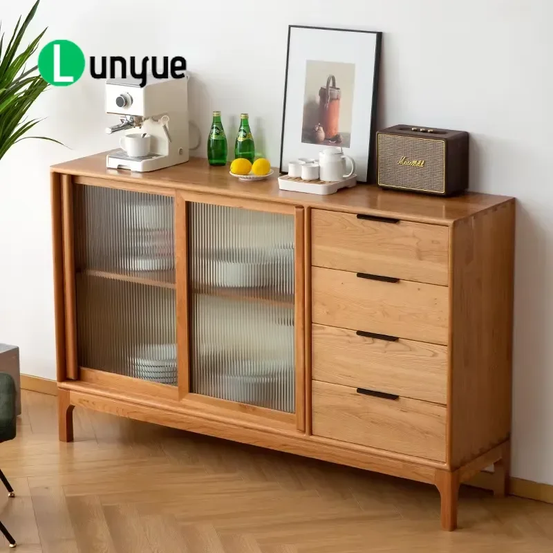 Modern Luxury Nordic Wood Dining Side Cabinet with Double Doors and 4 Drawers for Living Room Storage Furniture