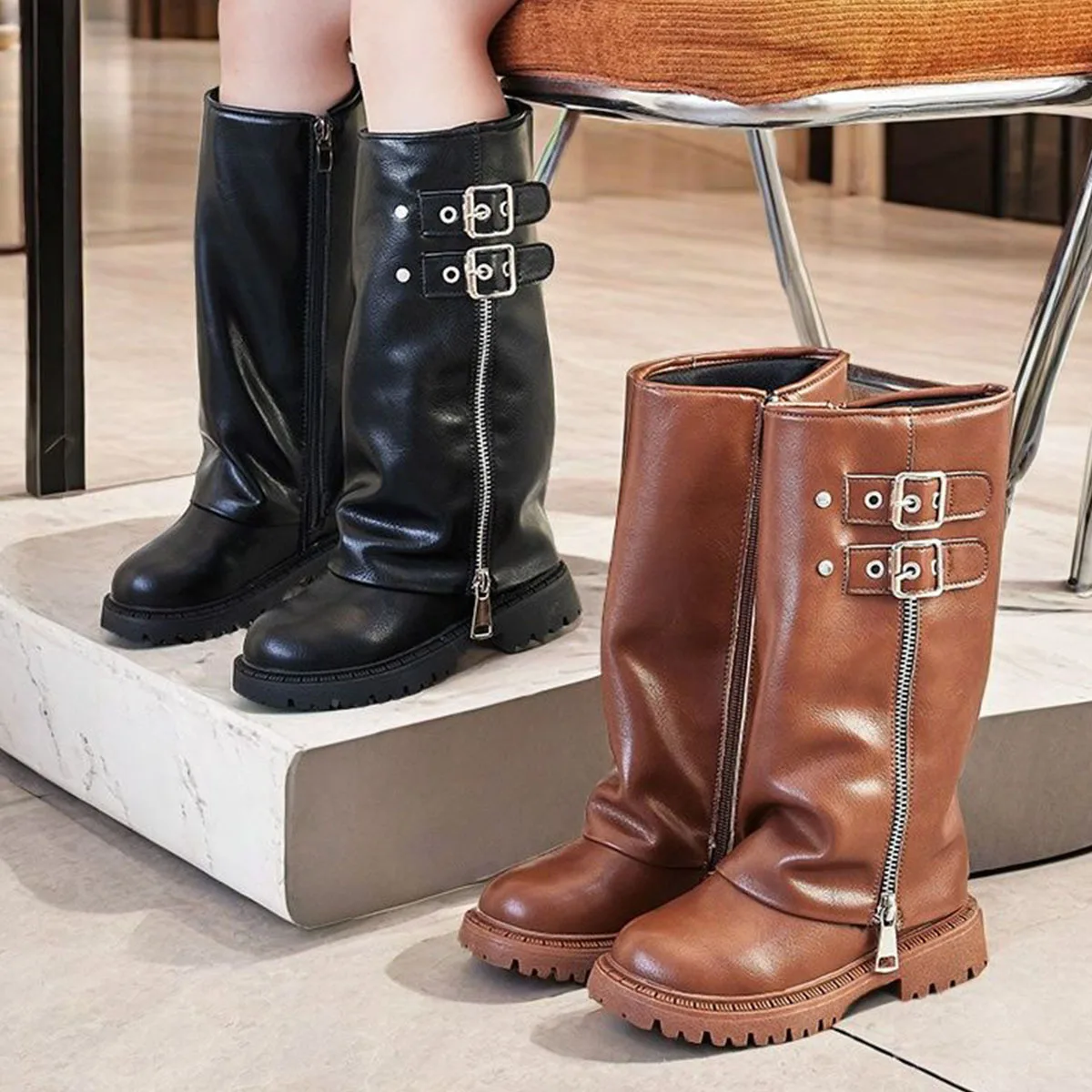 Children Fall Winter Chunky Heel Riding Boots Girls Student Belt Buckle Non-Slip Fashion Boots Vintage Pleated Warm Long Boots